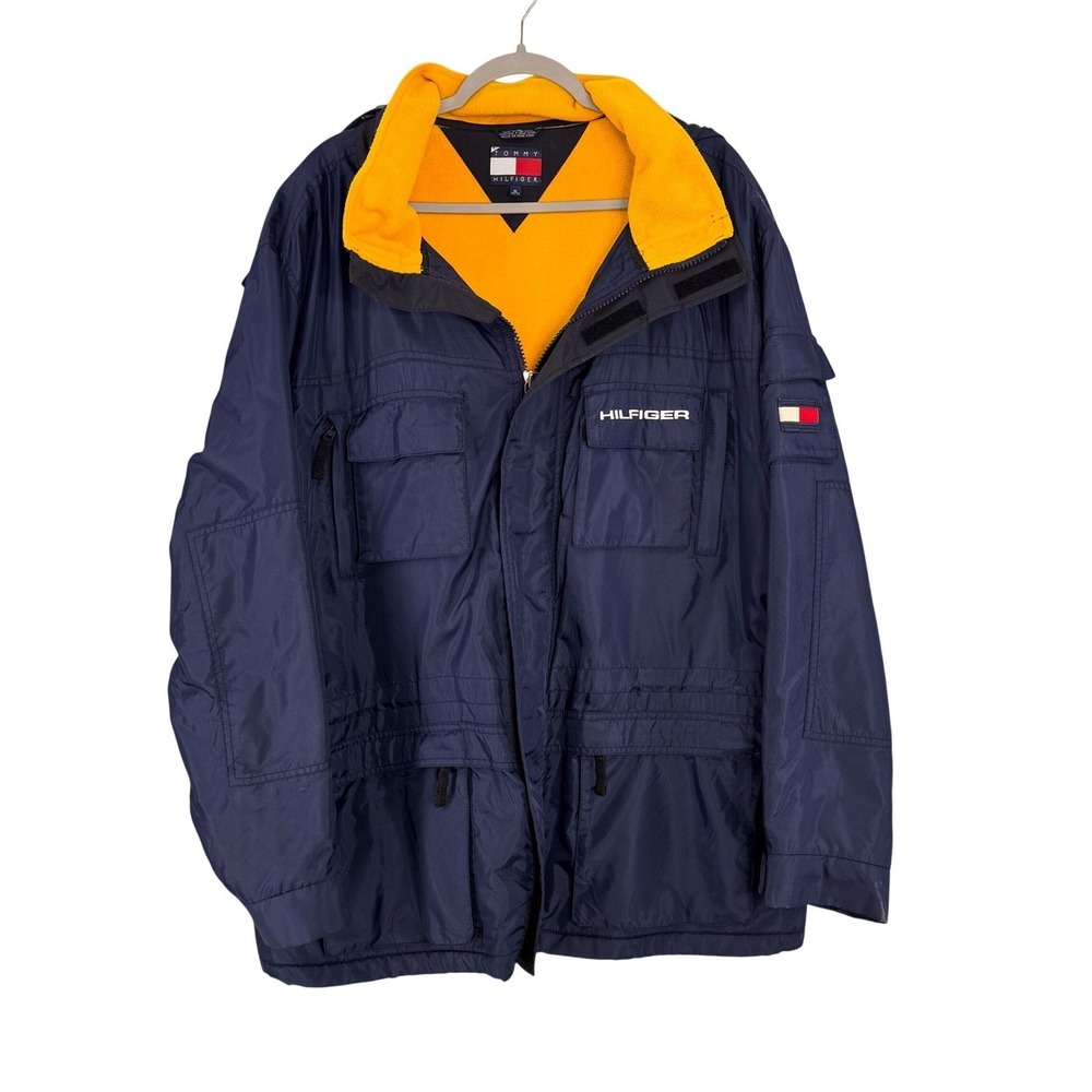 Vintage 90s Tommy Hilfiger Sailing Jacket Navy Yellow Cargo Windbreaker XL